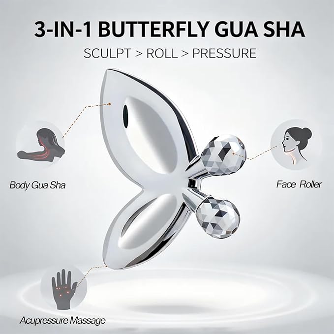 Stainless Steel Gua Sha Facial Tools,3D Butterfly Facial Roller for Women,2-in-1 Guasha Tool for Face Eye Skin Tightening,Body Gua Sha Tool for Lymphatic Drainage&acupressure,TMJ Relief Tool