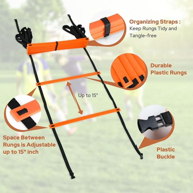 GHB Agility Ladder 1 Pack and Hex Agility Rings 1 Pack 12 Rung 20ft with 3 Carrying Bag