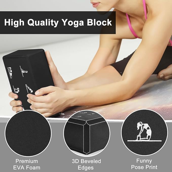 2 Yoga Block and 2 Yoga Strap Set,Non-slip EVA Foam Blocks, High Density Yoga Bricks with 6ft Strap, Supportive Latex-Free Yoga Block Accessories for Pilates