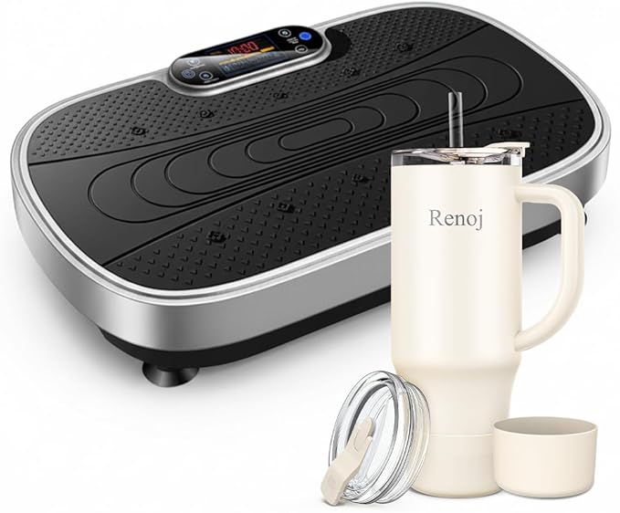 Vibration Plate Exercise Platform with Loop Bands + Renoj SnapShift 40oz Insulated Stainless Steel Tumbler (White) – Full Body Workout & Recovery Set