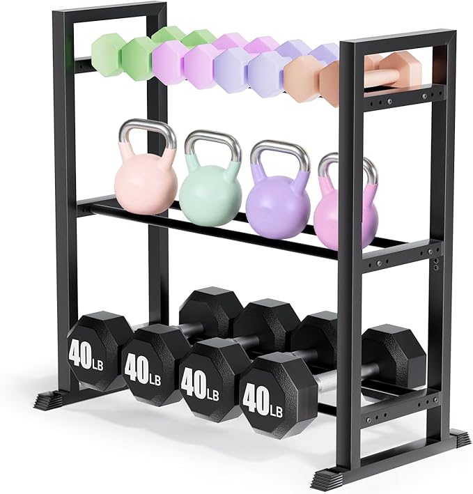3-Tier Adjustable Dumbbell Rack ，Weight Storage Stand Holder for Dumbbells & Kettlebells, Heavy-Duty Metal Multi-Purpose Gym Equipment Storage Stand for Home Gym Accessories