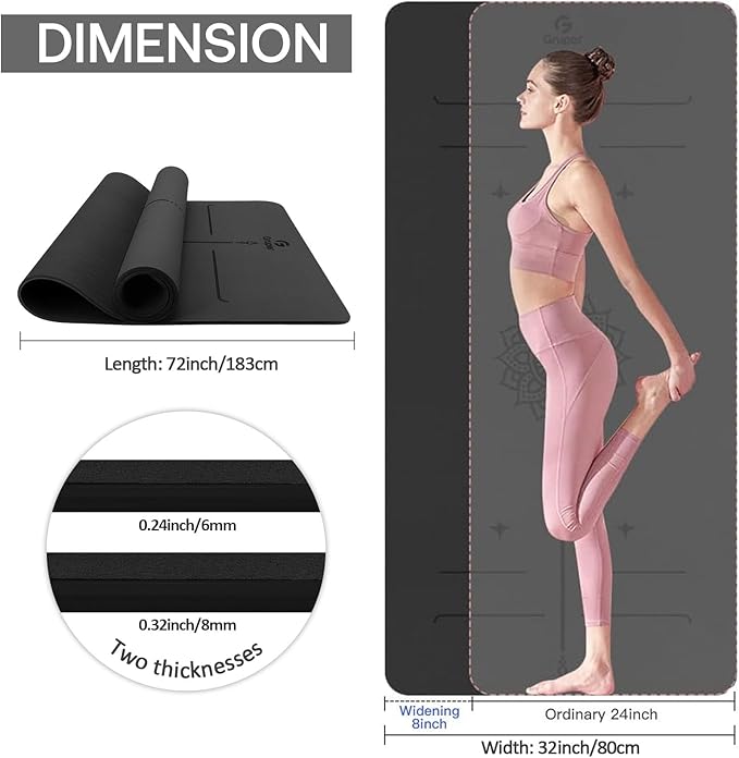 Gruper Yoga Mat Non Slip TPE Extra Wide Yoga Mat with Alignment Mark, 72"L x 32"W x 0.32"/0.24"Th (183cm x 80cm x 8mm/6mm), Anti-Tear Exercise Mat with Carrying Strap and Bag, Workout Mats for Yoga, Pilates