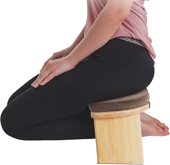 LOYALHEARTDY Meditation Bench - Bamboo Wood, Foldable Meditation Stool with Velvet Cushion Cover & Carrying Bag - Prayer Kneeler Chair for Yoga Or Sitting (Coffee)
