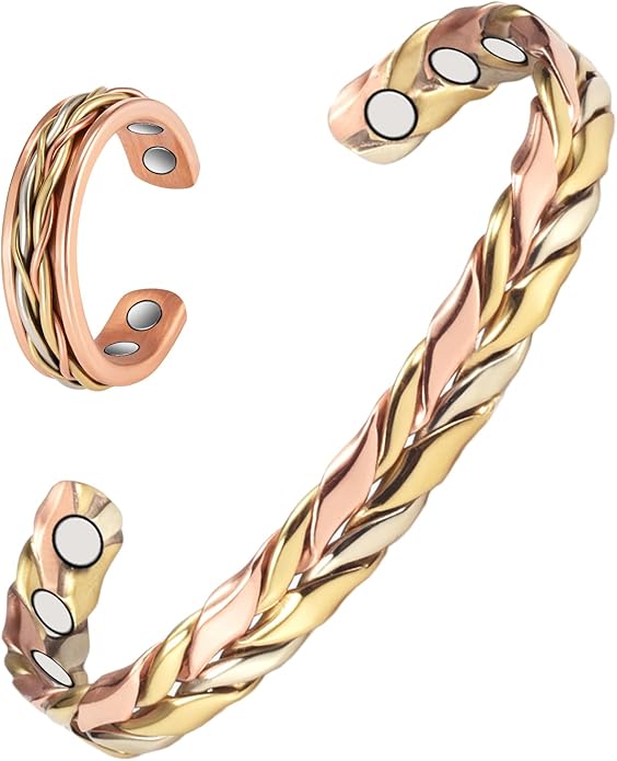 Copper Bracelet for Women, Set Pure Copper Adjustable Braid Bracelet Ring with Magnets, Mother's Day Jewelry Presents(1004 2036)