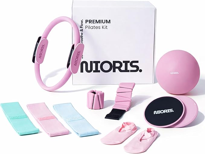 Essential Pilates Equipment Kit – Complete Home Workout Set with Pilates Ring, Pilates Ball, Resistance Bands, Ankle Weights, Sliding Discs & Grip Socks – Guided Full Body Workout Video