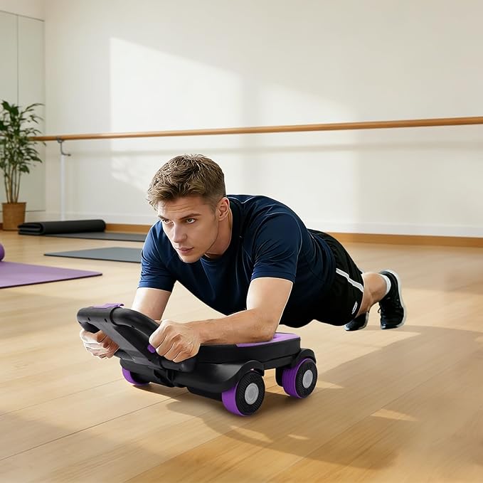 AB Roller Wheel with Elbow Support, 4-Wheel Stable Ab Roller for Core Training, Heavy Duty 330 lbs Capacity Ab Wheel with Phone Holder, Foldable Handles Home Gym Ab Workout Equipment