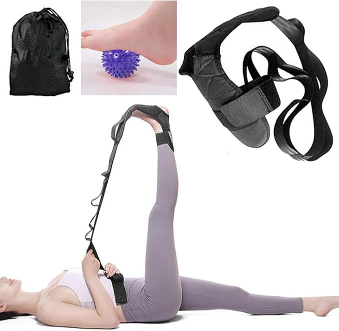 Foot and Calf Stretcher, Leg Stretcher, Hamstring Stretcher, Stretching Strap For Plantar Fasciitis, Heel Spurs, Foot Drop, Achilles Tendonitis, Included Bag and Massage Ball (Black)
