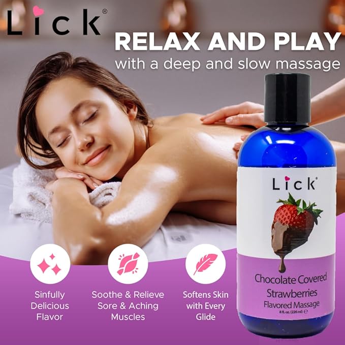 Lick Chocolate Covered Strawberries Massage Oil – Gourmet Dessert Edible Massage Oil with Almond Oil & Vitamin E, Luxurious Glide for Romantic Couples Massage, 8 oz