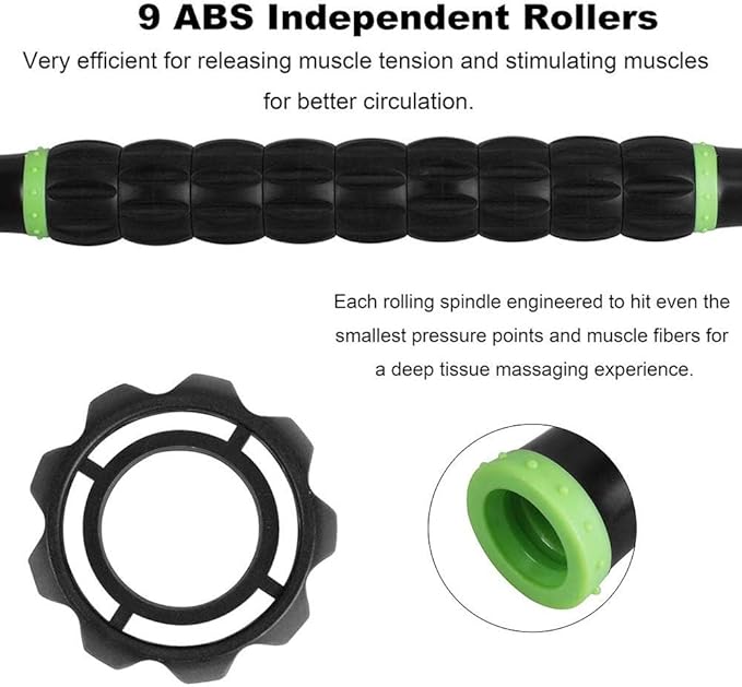 YANSYI 9-Roller Muscle Massage Stick - Deep Tissue Foam Roller for Pain Relief & Recovery, Portable Muscle Roller for Athletes, Back, Legs, Soreness (Black)