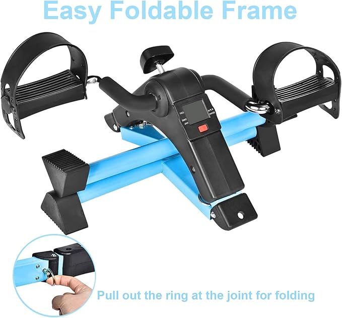 Pedal Exerciser Under Desk Bike with LCD Monitor Resistance for Seniors, Stationary Foldable Mini Exercise Bike Pedals Peddler Exerciser for Arms and Legs for Office or Home (Blue)