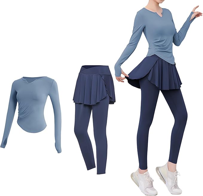 Women'S Black Two-Piece Pilates Set Xxl, Long Sleeve Top And Skirt With Leggings, Breathable And Sweat-Wicking, For 135-150 Lbs