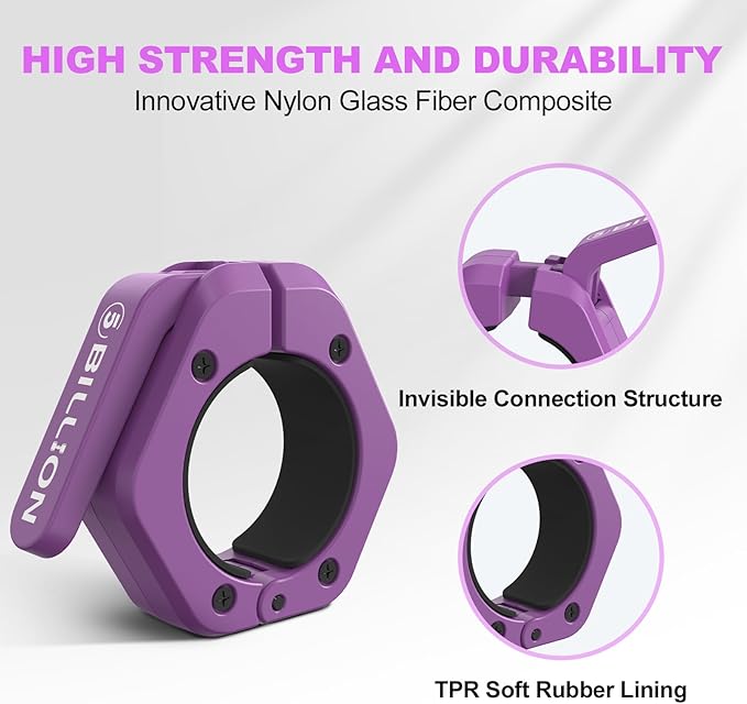Olympic Barbell Clamps 2 inch Barbell Clips (Pair) Barbell Collars for Secure Weightlifting Quick Release Weight Clips for Bars with Anti-Slip TPR Lining at Home or Gym Clips (Purple)