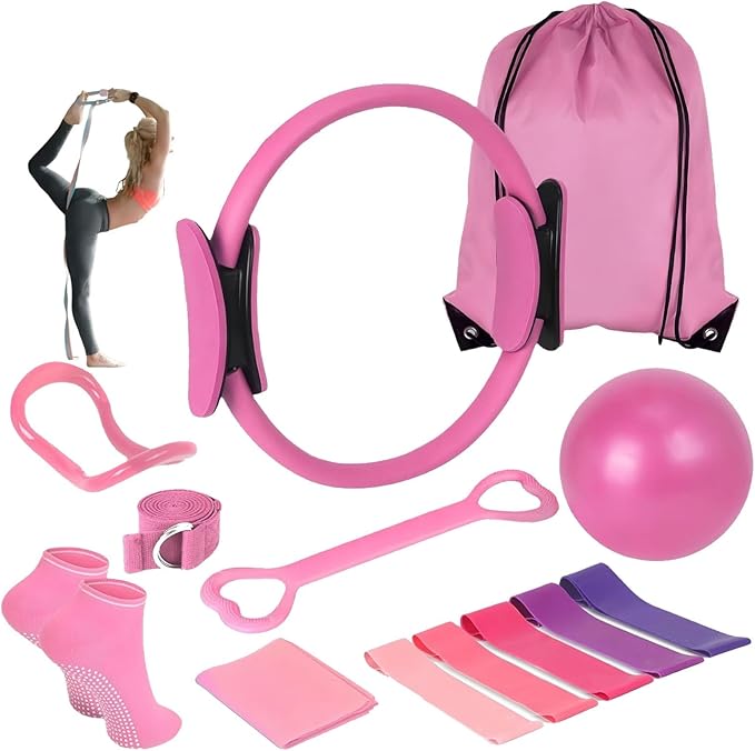 Pilates Essentials Kit for Women, Pilates Essentials Kit, 13 Piece Home Pilates Equipment Set Includes 𝐏𝐢𝐥𝐚𝐭𝐞𝐬 Ring Resistance Bands Yoga Ball, for Women's Home Workouts & Beginners