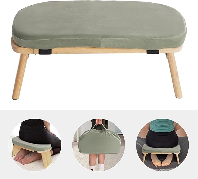 Meditation Prayer Bench, Portable Foldable & 5° Ergonomic Tilt Kneeling Meditation Yoga Stool with Cushion & Carry Bag for Home/Studio/Gym, Bamboo & Velvet Kneeling Stools (Green)