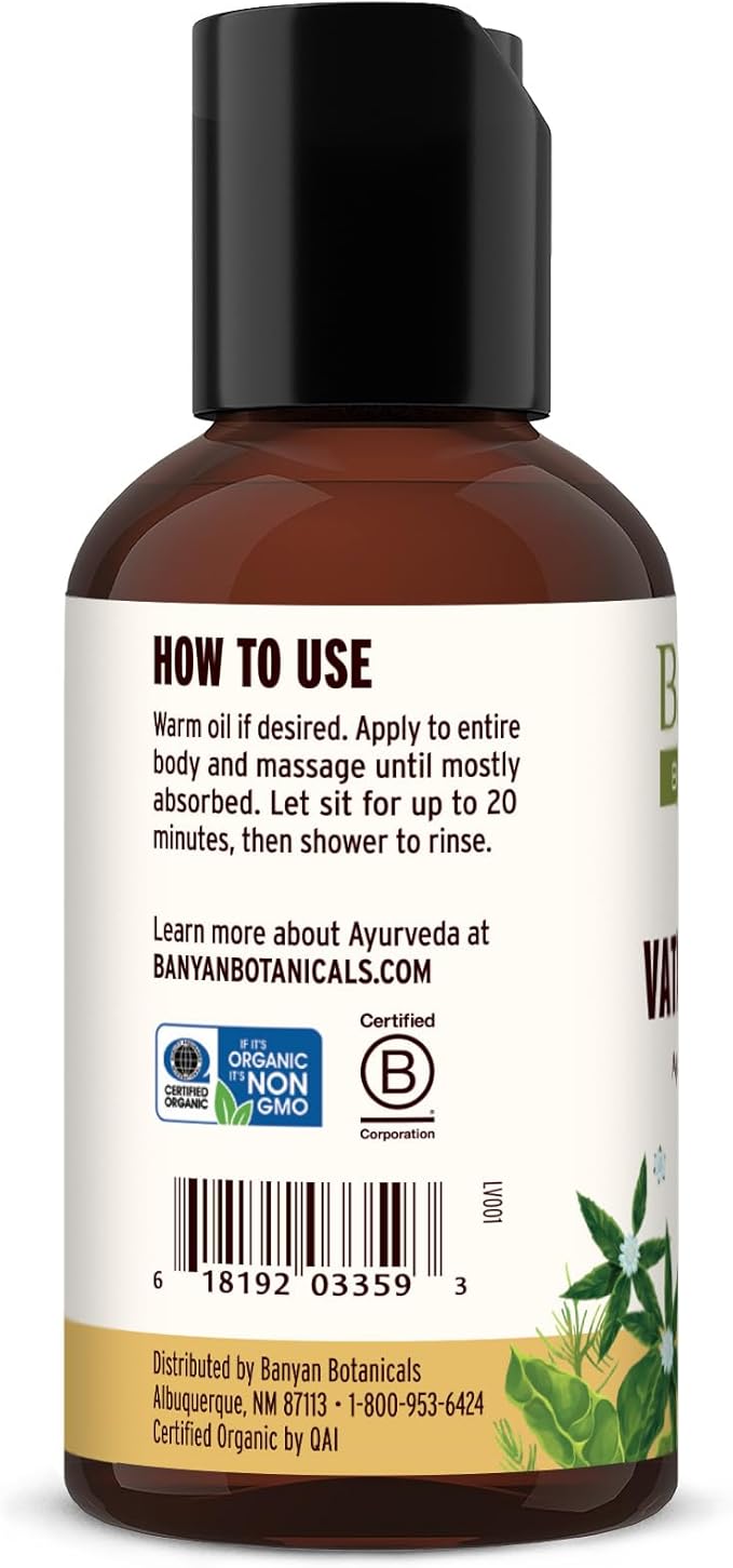 Banyan Botanicals Vata Massage Oil – Organic Herbal Massage Oil for Calm & Relaxation – Ayurvedic Oil with Organic Ashwagandha (Withania Somnifera) – 2 oz – Non-GMO Sustainably Sourced Abhyanga Oil