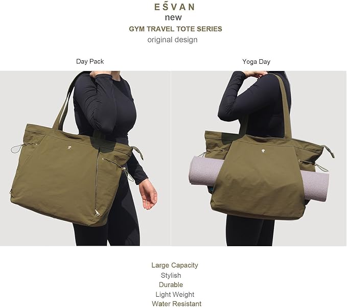 ESVAN Yoga Tote Bag for Women Shoulder Bags Drawstring for Office Workout Travel Carryall Pilates Gym and Beach