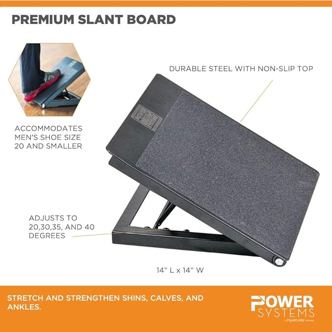 Power Systems Adjustable Premium Slant Board for Stretching and Strengthen Shins, Calves, and Ankles, 14 x 14 Inches, Gray (80321)