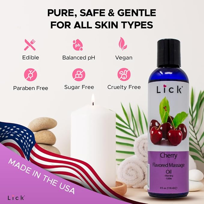 Lick Cherry Flavored Massage Oil – Bold Fruit Edible Massage Oil with Vitamin E, Rich Smooth Body-Safe Glide for Romantic Couples Massage Experiences, 4 oz