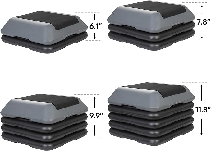 16" x 16" Adjustable Exercise Aerobic Step Platform Fitness Stepper with 4 Removable Risers 4'' - 6'' - 8''-10''-12'' Height for Home Gym Cardio Strength and Training
