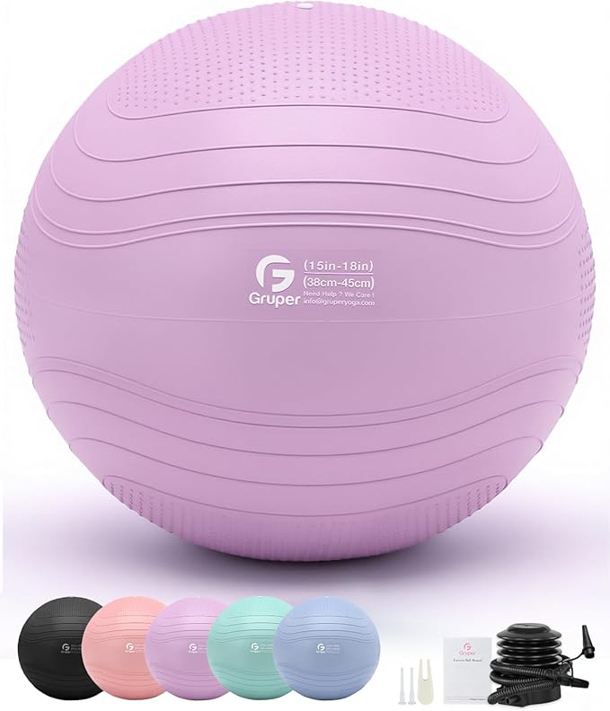 Gruper Yoga Ball, Extra Thick Exercise Ball for Workout Pregnancy Stability - 4 Sizes Anti Burst Balance Ball for Yoga, Pilates, Fitness, Birthing, Physical Therapy - Includes Pump