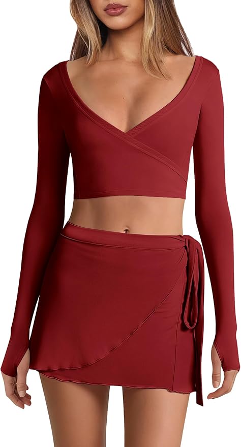 Nirovien Womens 2 Piece Workout Sets Sexy Pilates Outfits Athletic Gym Yoga Sets Ballet Wrap Top and Skirt
