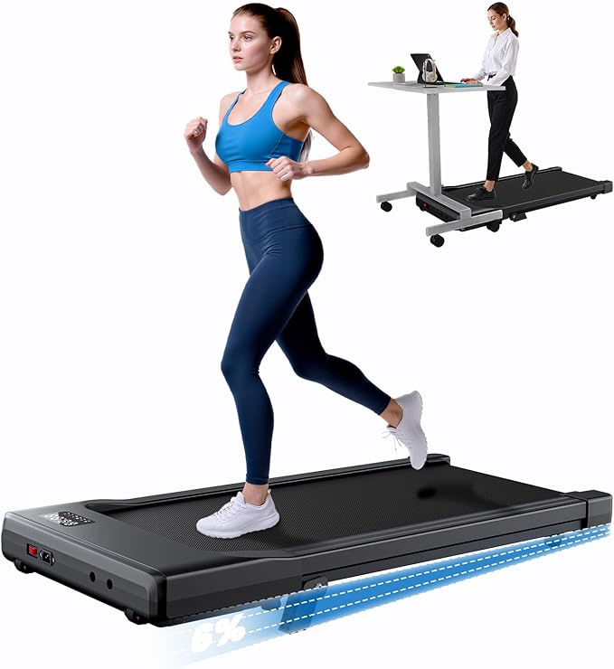DeerRun Under Desk Walking Pad Treadmill with 6% Manual Incline, 0.6-3.8 MPH Walking Speed, 2.5 HP, 300 lb Capacity, App & Remote Control, for Home Office & Small Spaces