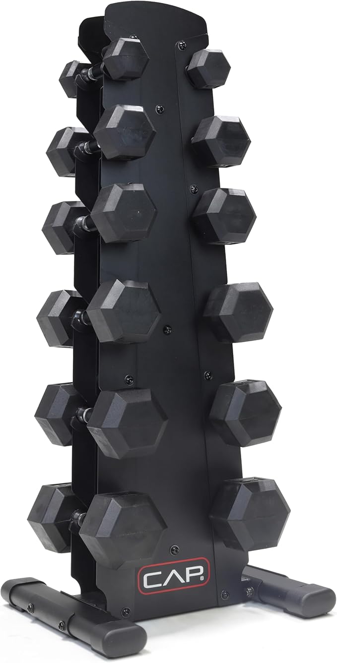 CAP Barbell Rubber Coated Dumbbell Weight Set with Vertical Rack | 100 lb, 150 lb, and 210 lb Options