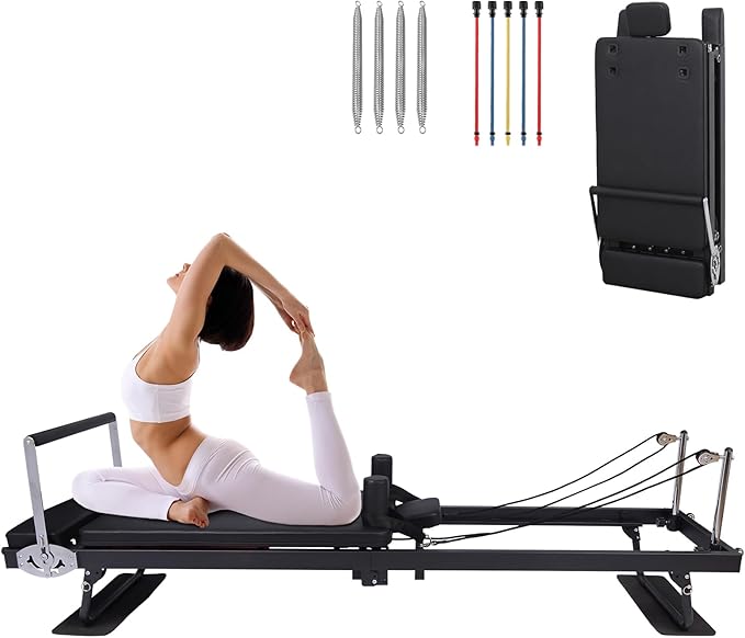 Pro Foldable Pilates Reformer Machine,91" Extra-Length Reformer Pilates for Home & Studio Use,Dual Resistance Springs & Elastic Resistance Bands,Adjustable for All Fitness Levels