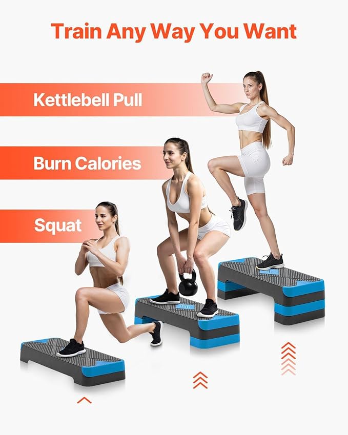 Aerobic Exercise Step Platform, 28-Inch Workout Aerobic Stepper, Height Adjustable Fitness Training Step Deck Trainer with 4 Risers, Non-Slip Surface Bench for Home Gym Cardio Strength, Blue