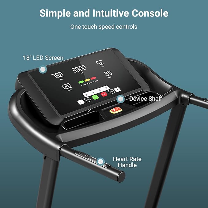 THERUN Incline Treadmill 18" LED Screen & 16.5‘’ Wide Belt, Running Treadmill 2 Layers Shock-Absorbing, Foldable for Indoor Fitness Workouts