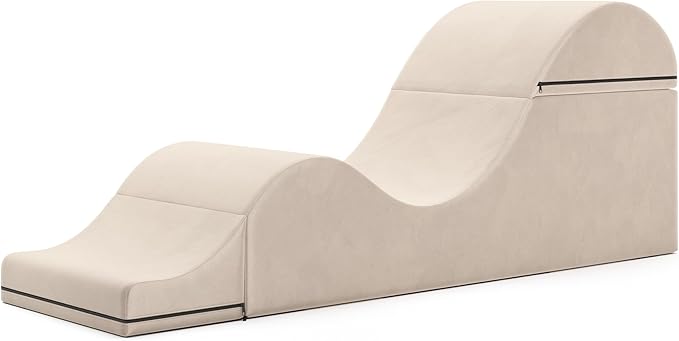 Avana Kami Convertible Chaise/Bed Bench for Yoga & Massage - 2-in-1 End of Bed Ottoman with Concealed Fold Out Yoga Lounge Chair, 22" Wide, Microvelvet Bone Ivory