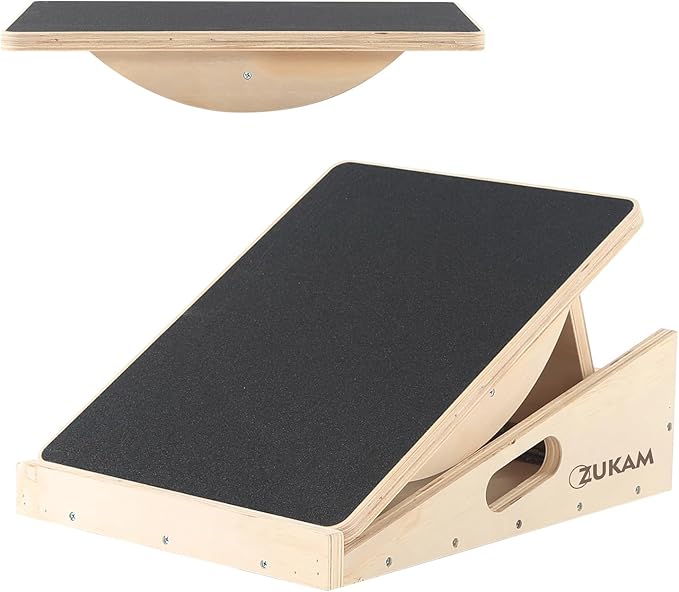 Multi-Function Wooden Slant Board & Balance Board, Adjustable Incline Board and Calf Stretcher,Stretch Board - Wide Anti-Slip Surface - Black