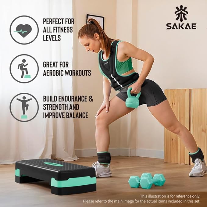 SAKAE Aerobics Step Platform Set with Weighted Vest & Measuring Tape, Adjustable Height 2 Level Risers Workout Step Trainer with Non-Slip Surface, Step Platform for Home Exercise, Multiple Colors