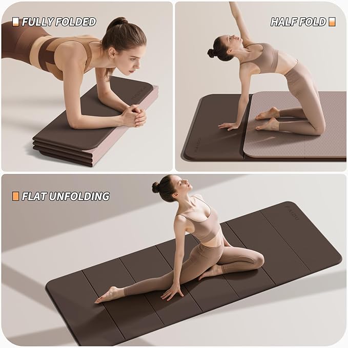 Foldable Fitness Yoga Mat | 2/5" (10MM) Extra Thick | SGS Certified Non-Slip TPE | 75x26" Extra Long-Wide | Portable & Easy Store | for Yoga, Pilates, Home Gym & Full-Body Workouts