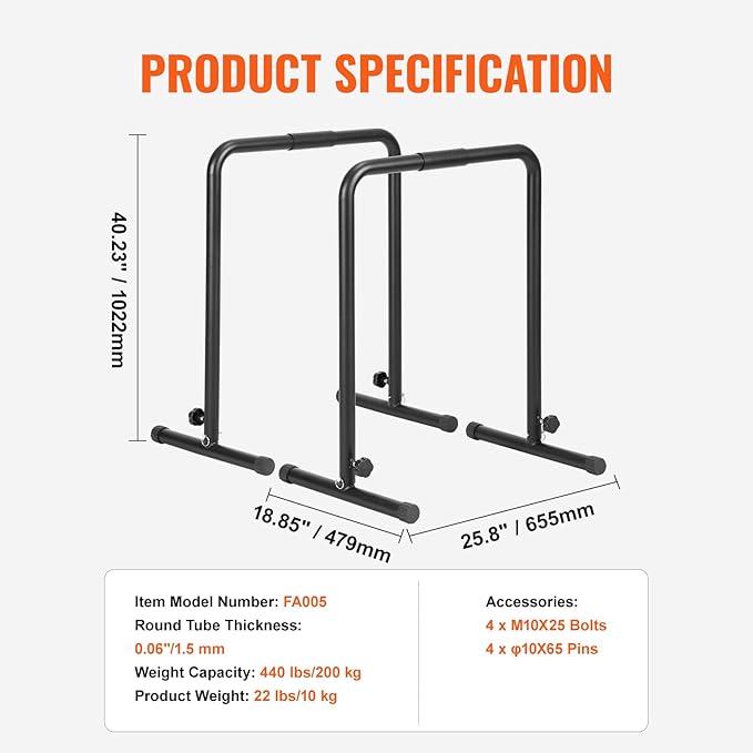 Happybuy Dip Bars, 440 lbs Capacity, Heavy-Duty Adjustable Height Dip Stand for Fitness Workouts, Stabilizer Parallette Push-Up Stand, Parallel Bars for Strength Training at Home Gym