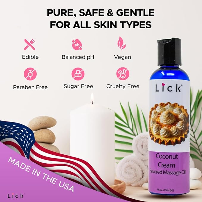 Lick Coconut Cream Indulgence Flavored Massage Oil – Vegan-Friendly, Non-Sticky, Tropical Scent, 4 oz