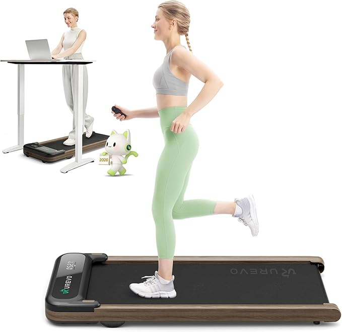 UREVO E4W Smart Walking Pad, Standing Desk Treadmill with Wood Grain Design, 8-Point Shock Absorption, Quiet Operation, Workout APP with Track Insights and MIIT Mode, Plug and Play, Remote Control