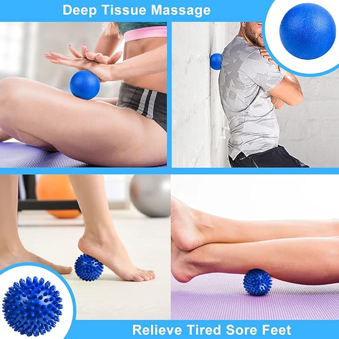 URAQT Spiky Massage Ball Set, 2 Pack Physical Therapy Massage Balls, Hard Lacrosse Ball & Spiky Massage Ball for Myofascial Release and Trigger Point Deep Tissue Massage (Blue)