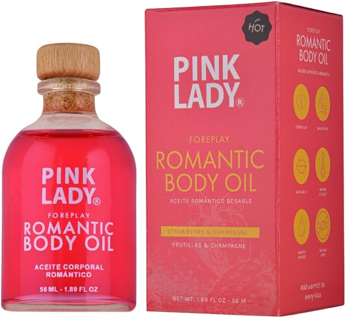 PINK LADY Romantic Body Oil Strawberry and Champagne - 1.90 fl oz / 56 ml - Kissable Warming Body Treat for Foreplay Fun, Water Based