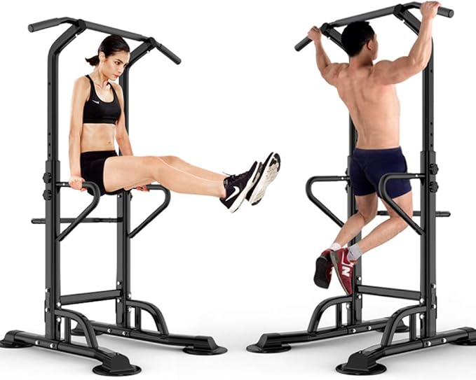 Dland Power Tower Adjustable Height Pull Up and Dip Station Multi-Function Home Strength Training Fitness Workout Station Sturdy Chin-Up Bar Stand Dip Station,Black