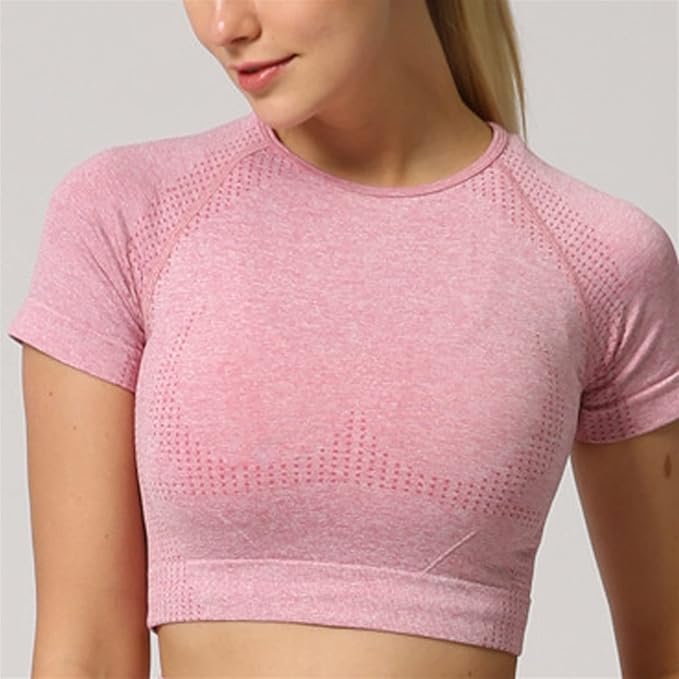 Yoga Set Seamless Women Long Sleeve Blouses Top Gym Sport Bra High Waist Tight Leggings Fitness Suit Shorts Sets (Color : Pink Shirt, Size : Large)