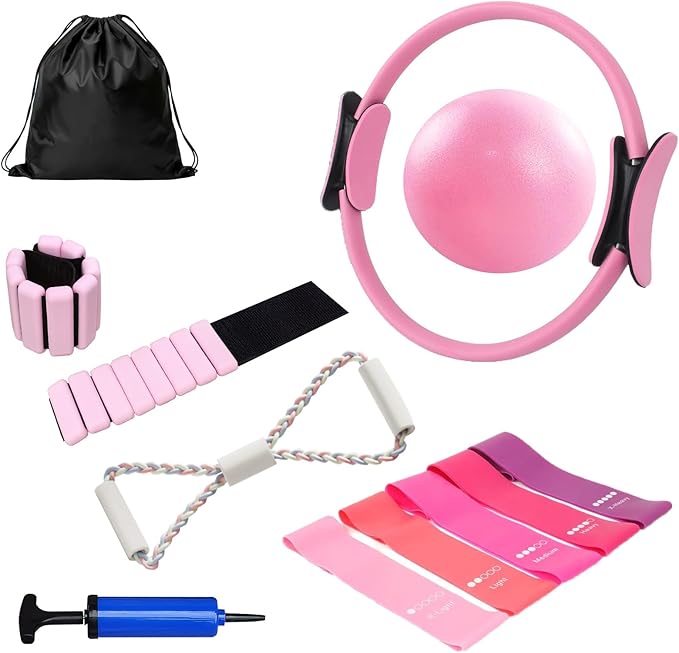 Pilates Equipment Kit for Home Workout, Home Pilates Essentials Kit Magic Circle Ring and Ball Set, Adjustable Ankle Wrist Weights, Resistance Bands, Fitness Equipment Accessories