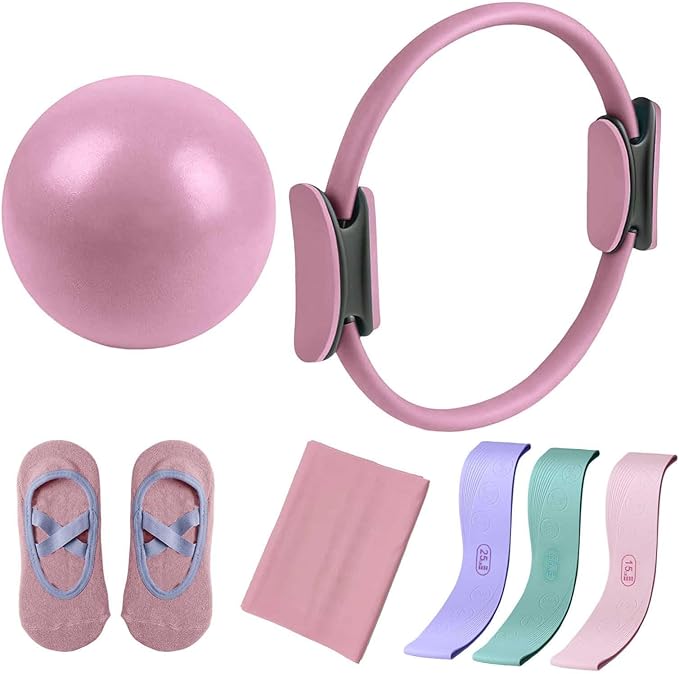 Pilates Ring Set for Home Workouts Women, Pilates Kit with Resistance Bands Magic Circle Accessories, Exercise Ball 9.8”, Portable Fitness Equipment for Home, Gym, Office Workouts