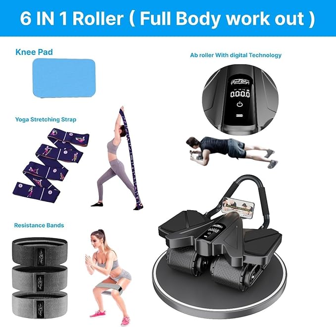 Ab Roller Home Gym Equipment – 4 Wheels Ab Wheel Muscle Roller with LCD Screen, Yoga Stretching Strap, 3 Resistance Bands – Comfortable Elbow Support with Non-Slip Handles – Time and Calorie Count