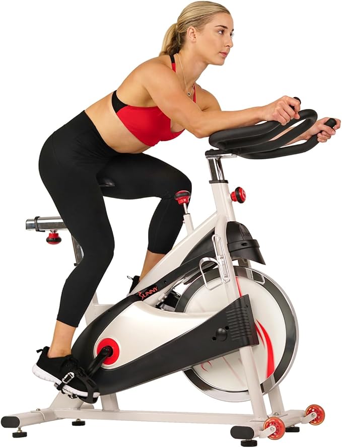 Sunny Health & Fitness Stationary Exercise Bike Machine w/ Adjustable Cushion Seat & Multi-Grip Handlebar, Indoor Cycling Equipment for Home Cardio Training, Optional Magnetic or Friction Resistance