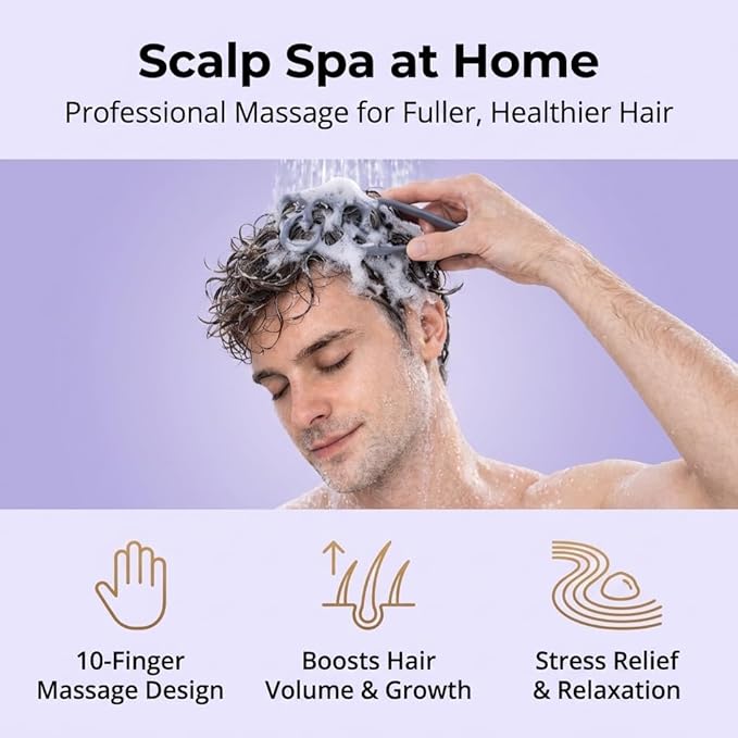 Scalp Massager for Stress Relief, 10-Finger Deep Scalp Massager, Precision-Molded High-Performance Nylon Tool for Relaxation & Natural Hair Volume, Ideal for Home, Office & Shower（Gray）
