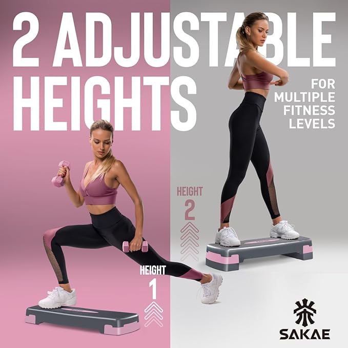 SAKAE Aerobic Step Platform Set with Waist Trimmer & Measuring Tape, Exercise Steppers for Home Exercise Fitness, Adjustable Height 2 Level Risers Workout Step Platform Trainer, Multiple Colors
