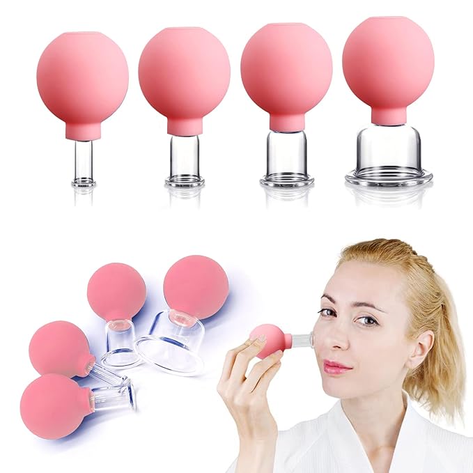4 PCS Glass Facial Cupping Set | Silicone Vacuum Suction | Cupping Massage Therapy | A Kit For Anti Cellulite, Anti Wrinkle and Instantly Ageless Skin | For Eyes, Face and Body(Pink)
