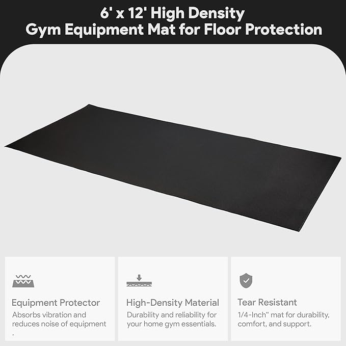 Fitvids High Density 1/4-Inch Thick Gym Equipment Mat, Non-Slip Floor Protection for Heavy Exercise, Treadmill and Bike Mat in Multiple Sizes