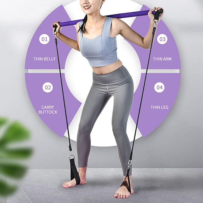 3 Sections Adjustable Pilates Bar, Portable Pilates Workout Stick with Tension Straps for Full Body Training, Detachable Iron Fitness Rod for Home Gym Yoga and Travel